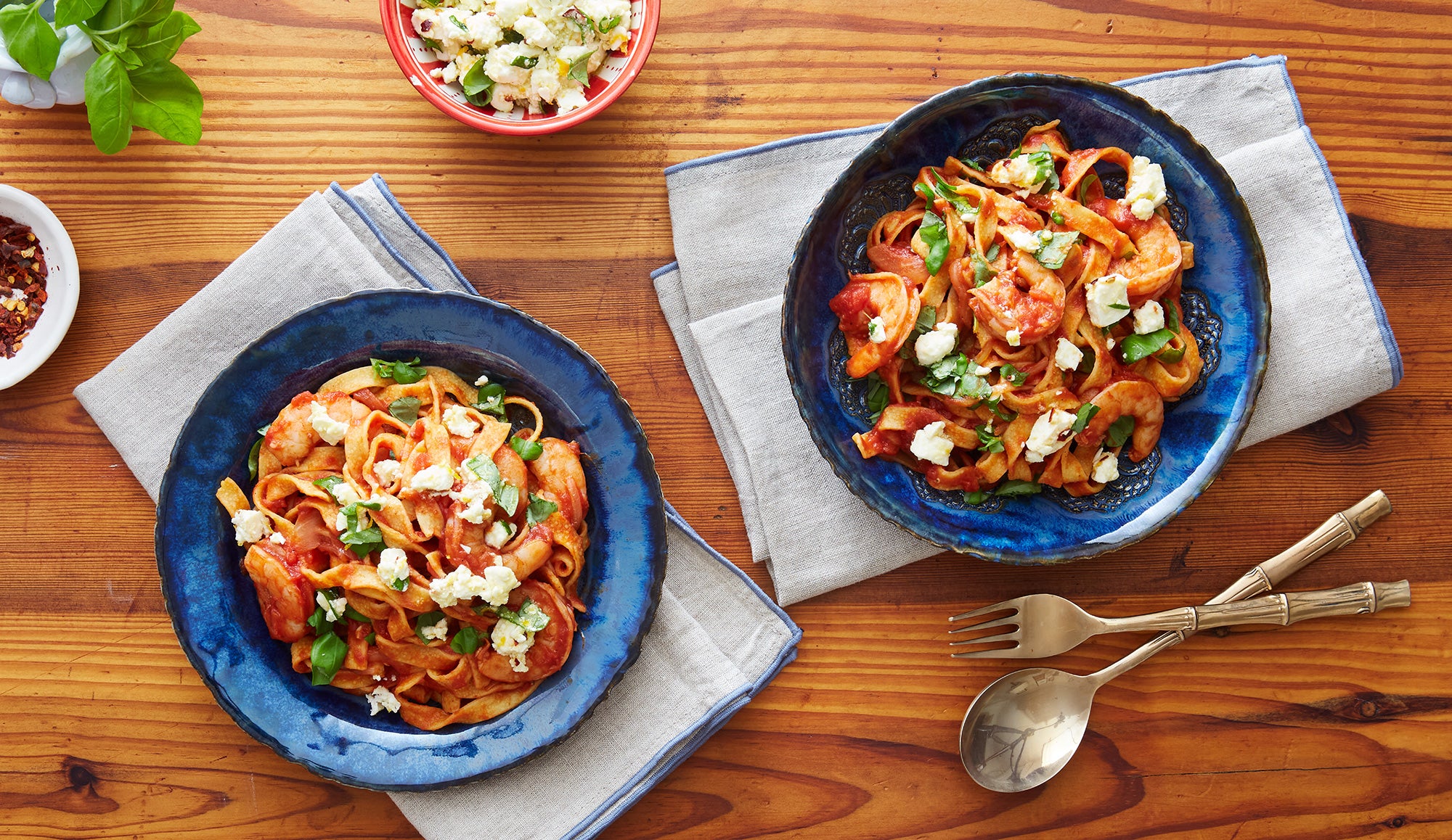 Fettucine with Tomato Jam Sauce, Shrimp and Marinated Feta – Woodhill Cottage