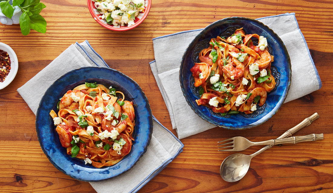 Fettucine with Tomato Jam Sauce, Shrimp and Marinated Feta Recipe by Woodhill Cottage