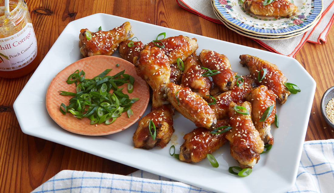 Oven Glazed Peach-Hot Honey Chicken Wings Recipe by Woodhill Cottage
