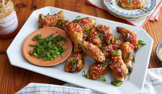 Oven Glazed Peach-Hot Honey Chicken Wings Recipe by Woodhill Cottage