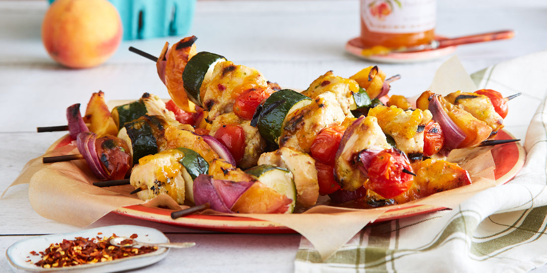 Succulent Chicken and Veggie Skewers with Peach Glaze Recipe by Woodhill Cottage