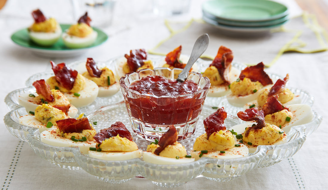 Deviled Eggs with Tomato Jam Candied Bacon Recipe by Woodhill Cottage