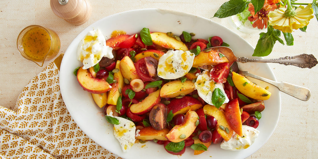 Peach, Burrata, and Tomato Salad by Woodhill Cottage