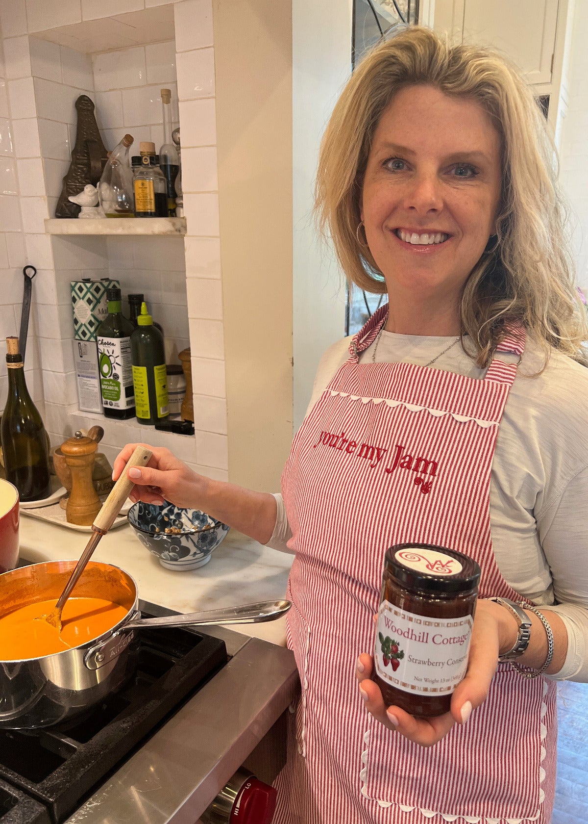 Woodhill Cottage You're My Jam Red Striped Apron with Scalloped Borders on the Pockets