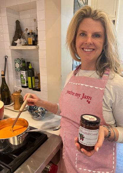 Woodhill Cottage You're My Jam Red Striped Apron with Scalloped Borders on the Pockets